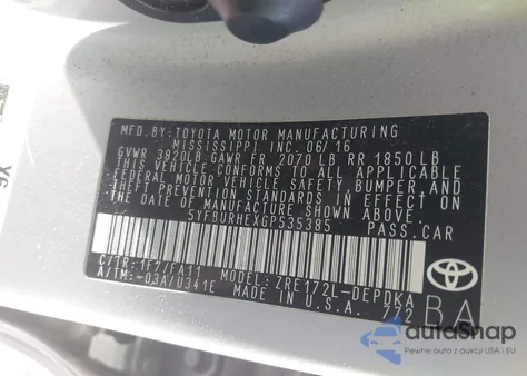 2016 Toyota Corolla L from USA, damaged, VIN 5YFBURHEXGP535385